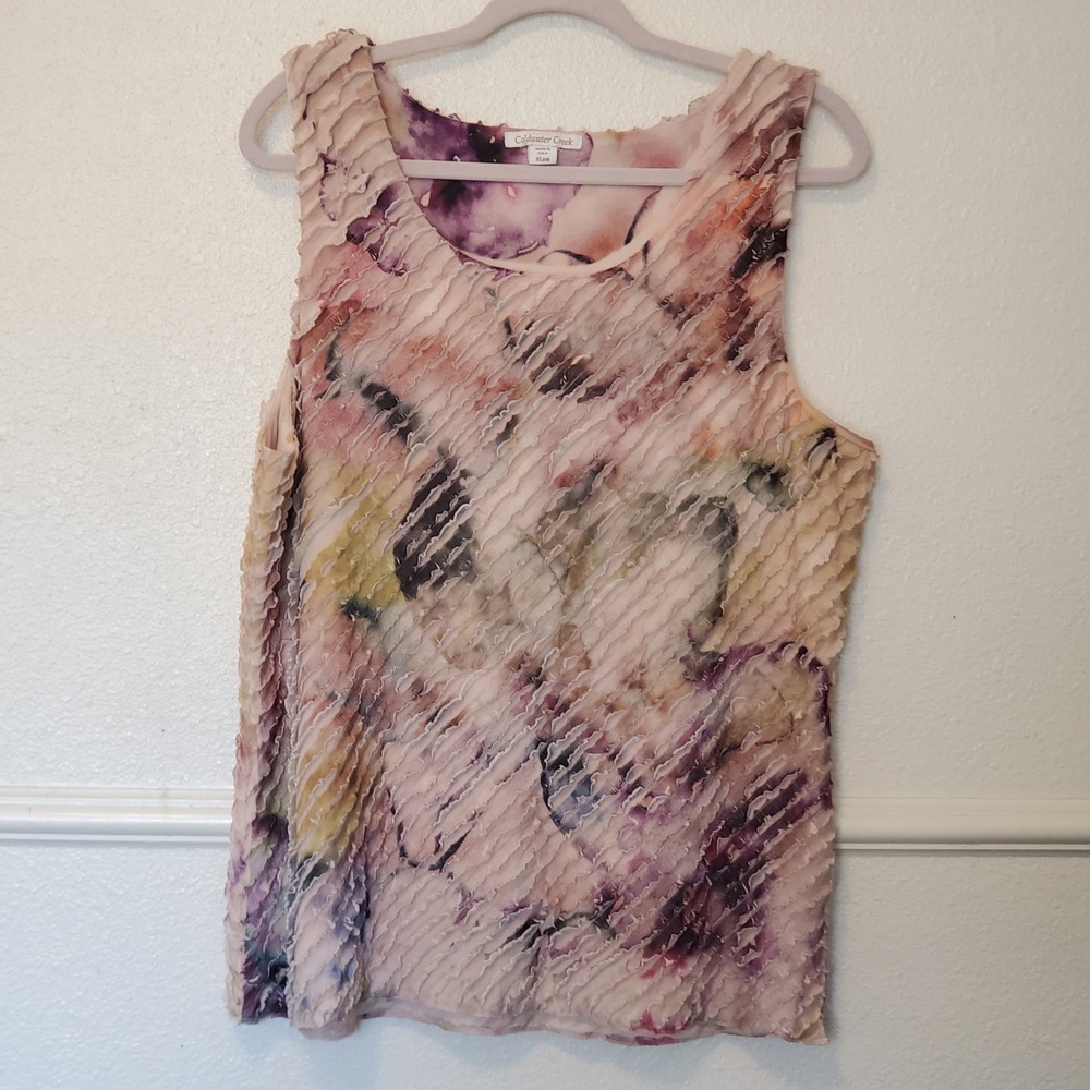 Coldwater Creek XL Pink Purple Watercolor Ruffle Tiered Sleeveless Tank Top